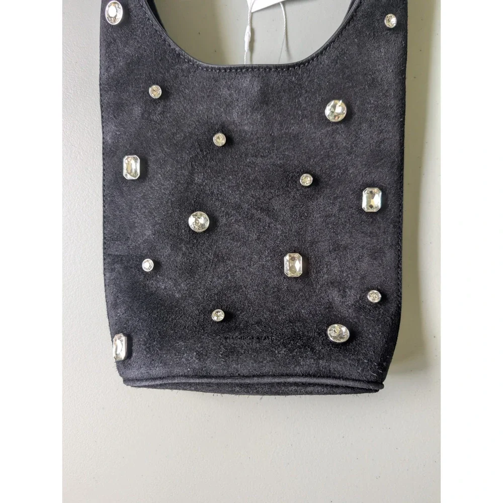 NWT Veronica Beard Small Crystal-Embellished Suede Shoulder Bucket Bag Black